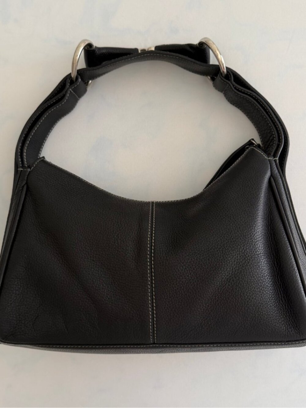 Vera Pelle Black Pebbled Leather Contrast Stitching Hobo Shoulder Bag - Picture 3 of 8